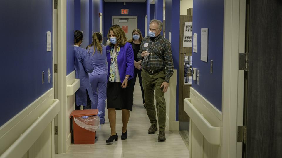 Virginia U.S. Sen. Tim Kaine tours the newly opened Eastville Community Health Center in Northampton County accompanied by Easter Shore Rural Health CEO Nancy Stern during a visit Monday.