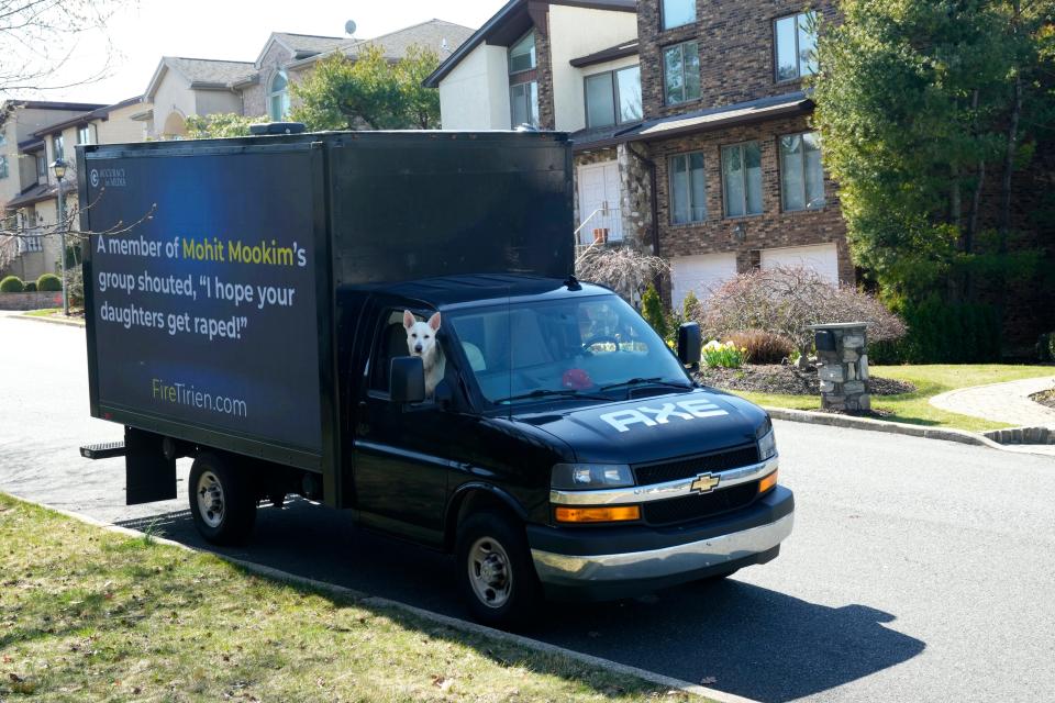 A conservative free speech group that targets mainstream media brought billboard-sized digital screens into a residential neighborhood in Englewood Cliffs this week, plastered with the name of a Stanford University law school student who lives there, after members of his campus organization heckled a conservative federal judge at a speaking event.