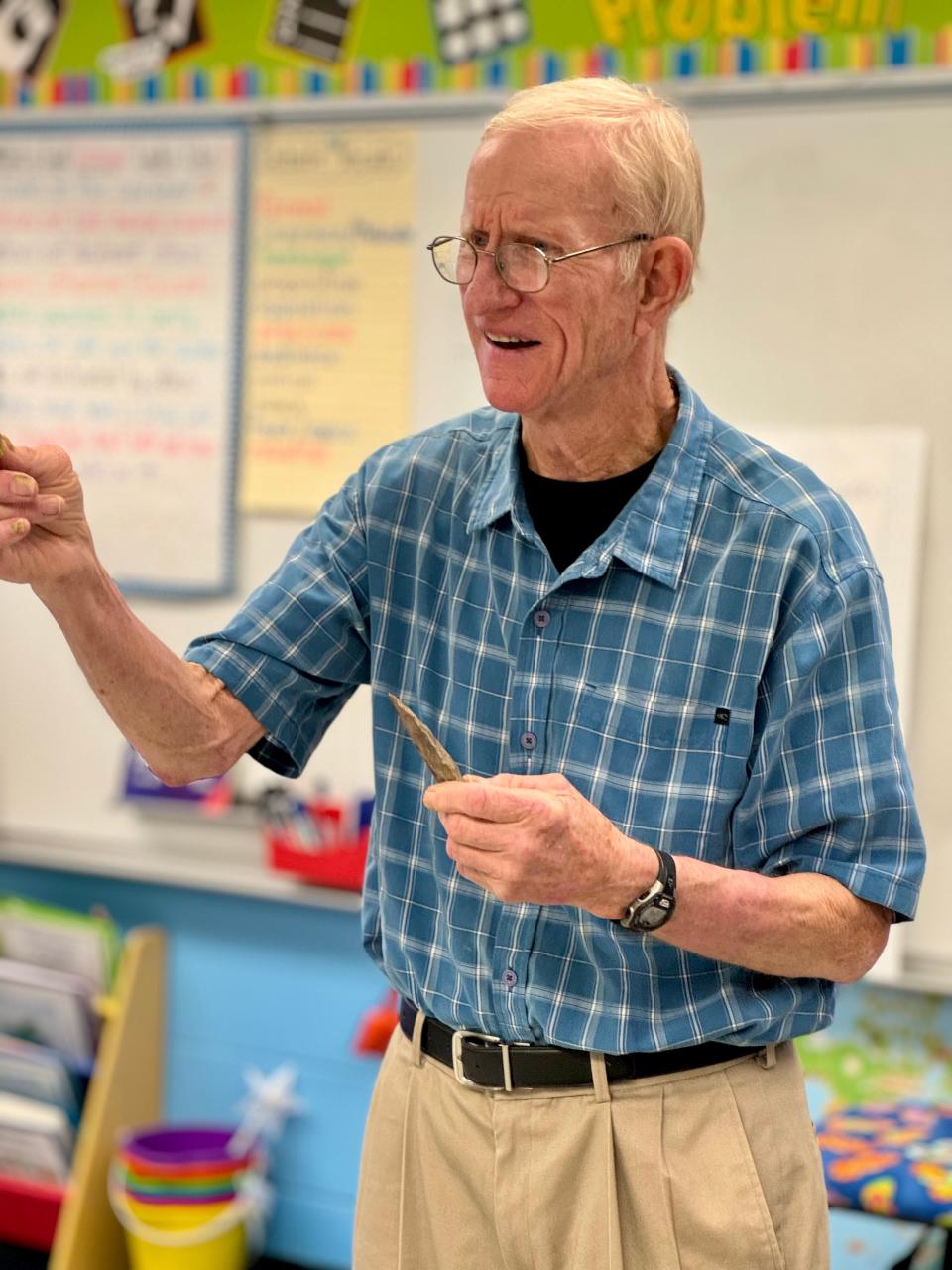 Bill Longenecker, a retired paramedic, talks to third-graders at Neptune Beach Elementary about the sand on our beaches (and other examples of Florida's geology).  Longenecker has been volunteering at local schools and presenting science programs for years.