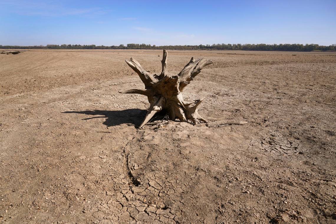 In this photo taken by a drone, debris sits in a dried up river bed where the normally wide Mississippi River would flow Thursday, Oct. 20, 2022, near Portageville, Mo. The lack of rainfall in recent weeks has left the river approaching record low levels in areas from Missouri south through Louisiana, making barge and other travel along the river more difficult.