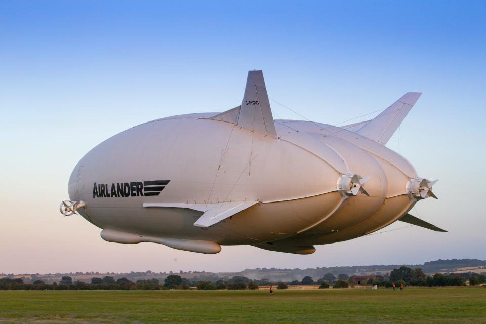 The Airlander 10 flying over fields