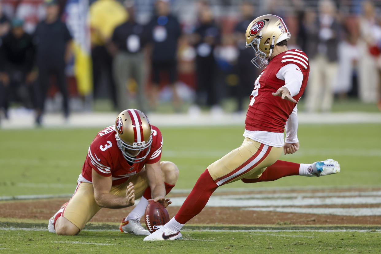 Kicker Jake Moody #4 of the San Francisco 49ers kicks a 53-yard field goal held by punter Mitch Wishnowsky #3 as they play the New York Jets during the third quarter at Levi's Stadium on September 09, 2024 in Santa Clara, California. (Photo by Lachlan Cunningham/Getty Images)