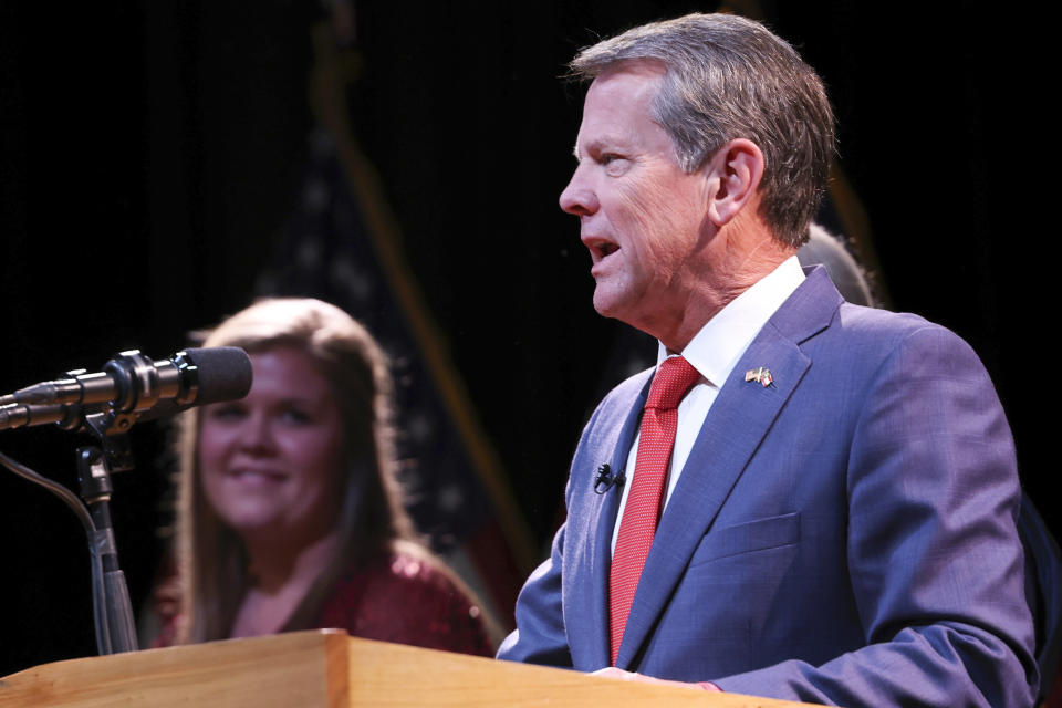 Georgia Republican gubernatorial candidate Gov. Brian Kemp, speaks at his election night party Tuesday, Nov. 8, 2022, in Atlanta. (AP Photo/Akili-Casundria Ramsess)