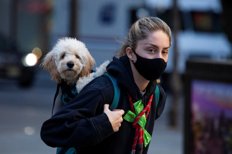 A woman wears a protective face mask while carrying her dog as the global outbreak of the coronavirus disease (COVID-19) continues, in New York City, New York, on November 20, 2020. (Eduardo Munoz/Reuters)