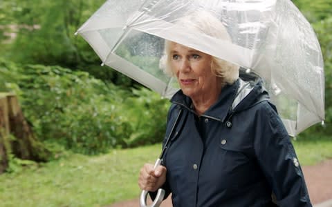 The Duchess of Cornwall walks her dog in rainy Scotland - Credit: ITV