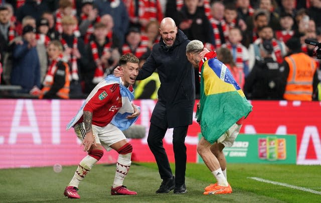 Erik ten Hag celebrates last year's Carabao Cup win with his former Ajax players Lisandro Martinez and Antony