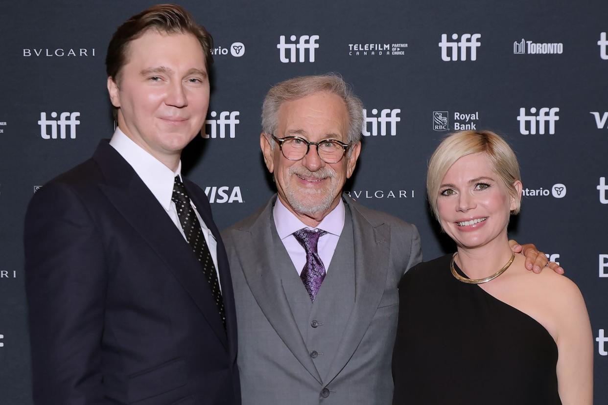 TORONTO, ONTARIO - SEPTEMBER 10: (L-R) Paul Dano, Steven Spielberg and Michelle Williams attend "The Fabelmans" Premiere during the 2022 Toronto International Film Festival at Princess of Wales Theatre on September 10, 2022 in Toronto, Ontario. (Photo by Michael Loccisano/Getty Images)