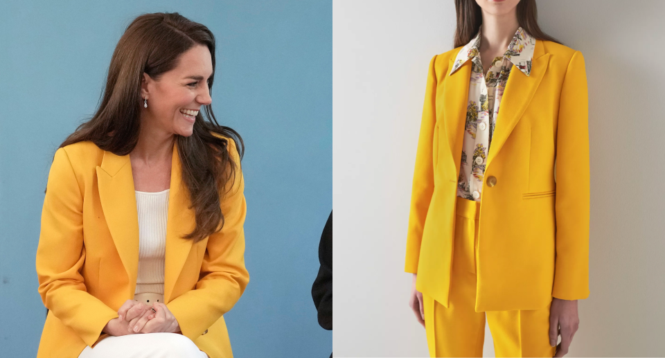 split screen of Kate Middleton in yellow blazer and white tank top and L.K.Bennett Mya Yellow Tailored Jacket (Photos via Getty & L.K.Bennett). 