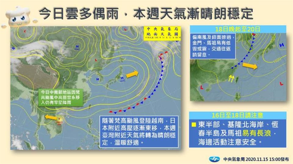 中央氣象局表示，隨著「梵高」颱風登陸越南並持續減弱，對臺灣無影響，未來一周的水氣也逐漸減少。(氣象局)