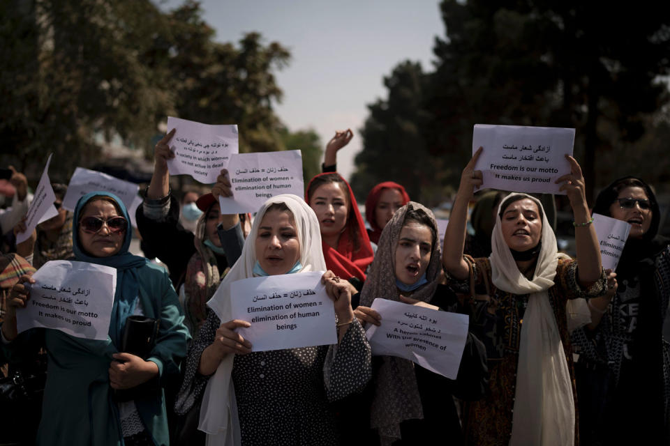 Women in Kabul protesting the Taliban decision to ban them from public life. Source: AP