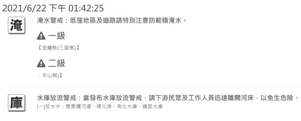 由於鋒面、西南風影響，水利署對宜蘭三星鄉發布一級淹水警戒。另外，中南部還有4水庫放水中。   圖：擷取自水利署網站