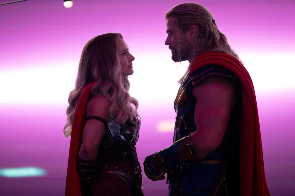 Natalie Portman and Chris Hemsworth both wield the lightning in "Thor: Love and Thunder."
