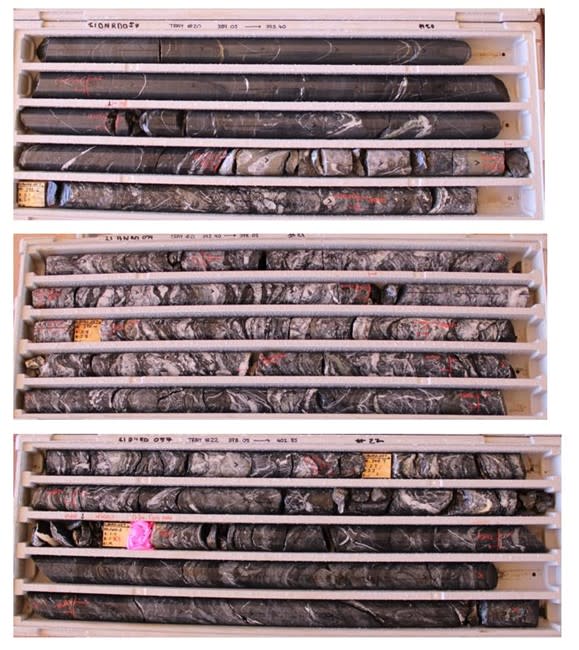 Picture of 21BNRD057 core showing intercepted mineralized package of highly deformed and altered sediments, mafic with minor fine-grained felsic rocks consistent with NOA Shear Zone.