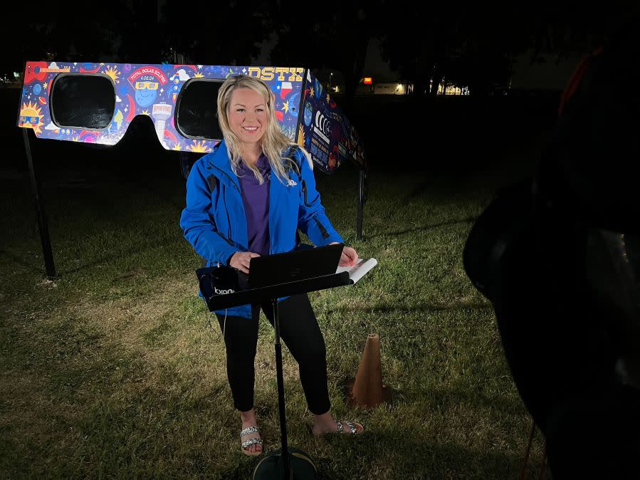 Meteorologist Kristen Currie giving eclipse updates from Dripping Springs, Texas, the morning before the total eclipse on April 8, 2024. (KXAN Photo/Todd Bailey)
