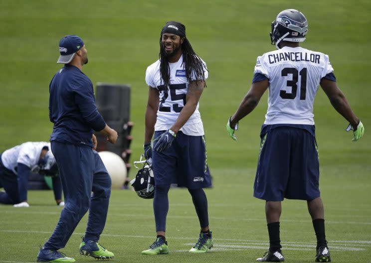 Richard Sherman is no longer on the trading block for the Seahawks. It was unclear why he was there in the first place. (AP) 