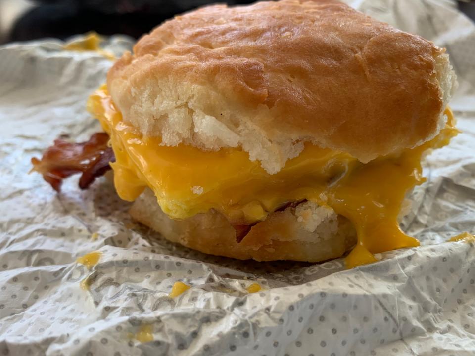 Chick-fil-A Bacon, egg, and cheese biscuit on white wrapper