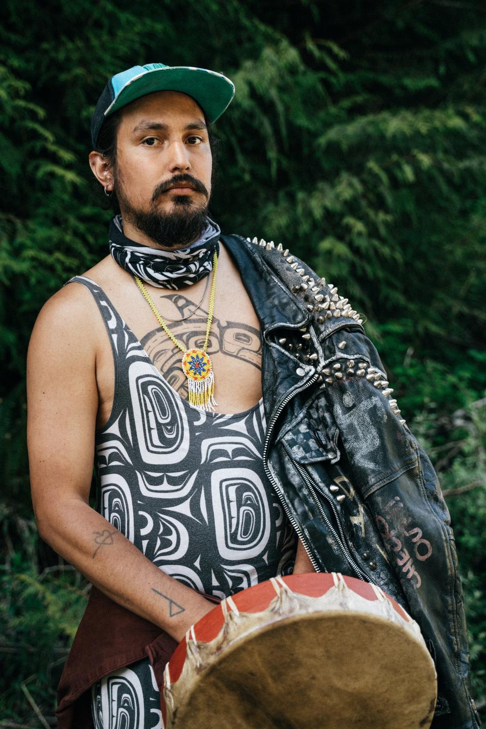 Kesu, Tla’amin, Lil’wat, a visual artist and musician based in nearby Victoria, B.C., pictured at Waterfall Camp.