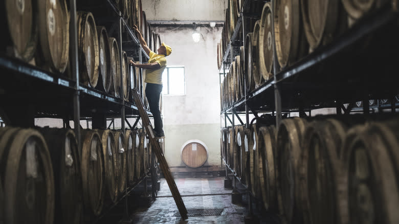 Man checking whisky barrels