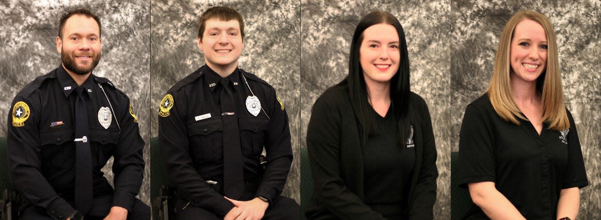 Several Kewanee Police officers were recently recnognized for their extra efforts in 2021. From left, Officer James Mock, KPD Officer of the Year and Meritorious Service Award; Officer Kellen Daniels, Meritorious Service Award; Telecommunicator Jennifer Orvis, Life-Saving Award and Meritorious Service Award; and Amber Dwyer, Telecommunicator of the Year.