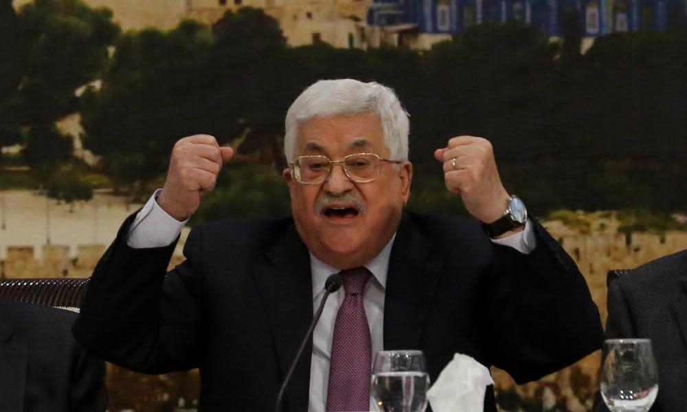 Mahmoud Abbas, the Palestinian leader, clenches fists while speaking to the PLO in Ramallah on Sunday.