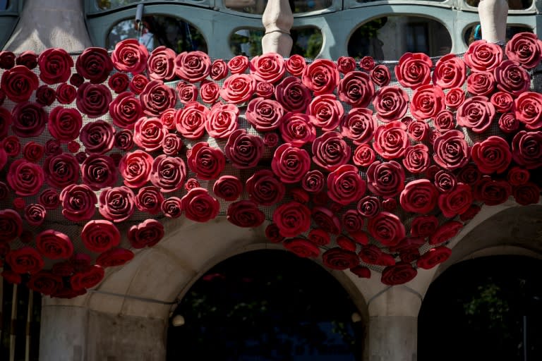 Red roses and books abound in Barcelona for Saint George's day, when by tradition men give women roses and women give men a book