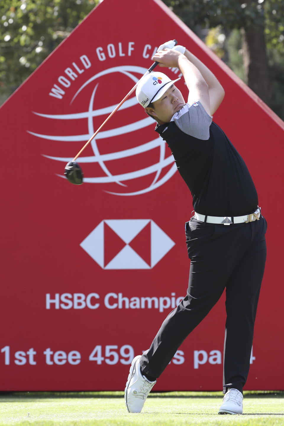 Sungjae Im of South Korea tees off during the HSBC Champions golf tournament at the Sheshan International Golf Club in Shanghai Friday, Nov. 1, 2019. (AP Photo/Ng Han Guan)