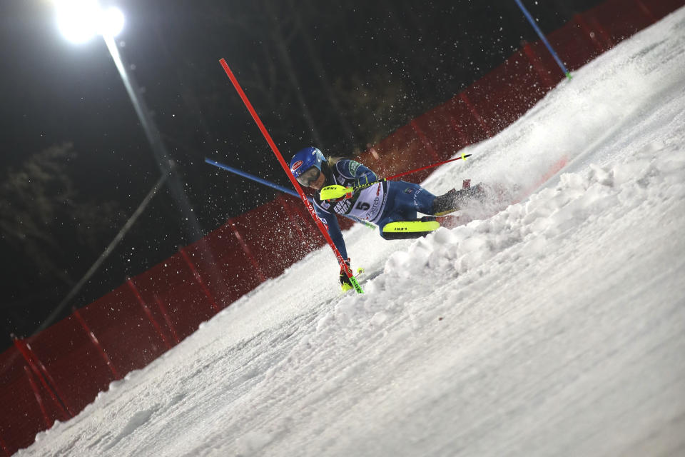 United States' Mikaela Shiffrin speeds down the course of an alpine ski, women's World Cup Slalom, in Zagreb, Croatia, Sunday, Jan. 3, 2021. (AP Photo/Marco Trovati)