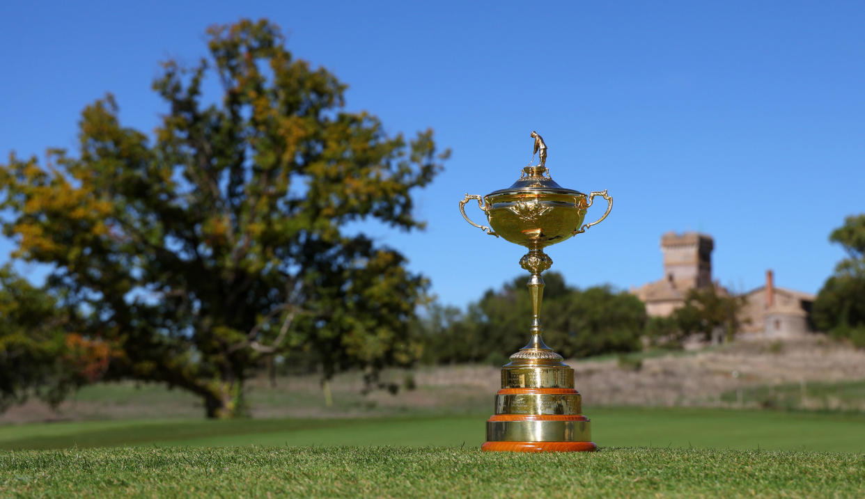  The Ryder Cup in front of a green tree and on the grass 