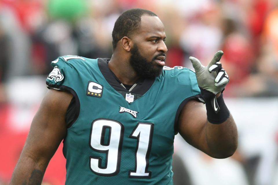 Eagles defensive tackle Fletcher Cox is tied for the team lead in sacks with three, in three games.