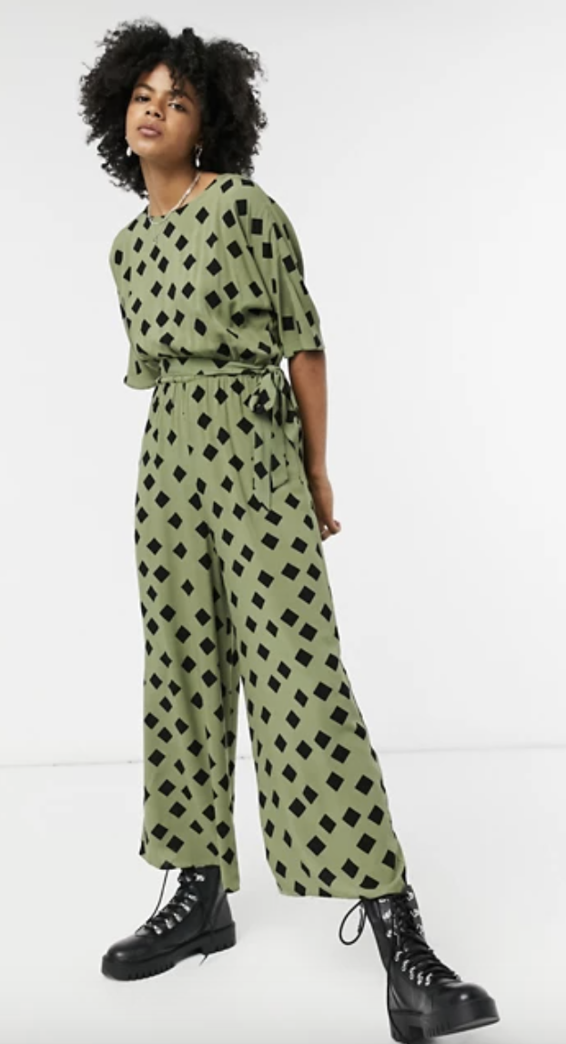 ASOS DESIGN tie waist jumpsuit in khaki graphic print. PHOTO: ASOS