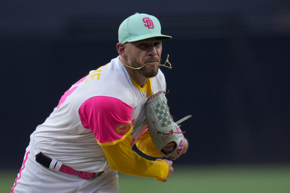 San Diego Padres starting pitcher Joe Musgrove works against a Texas Rangers batter during the first inning of a baseball game Friday, July 28, 2023, in San Diego. (AP Photo/Gregory Bull)