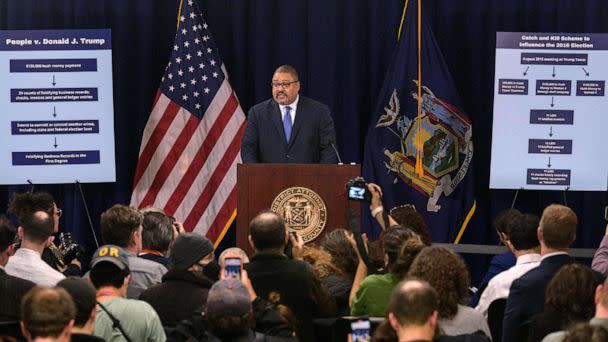 PHOTO: Manhattan District Attorney Alvin Bragg speaks during a press conference to discuss his indictment of former President Donald Trump, outside the Manhattan Federal Court in New York, April 4, 2023. (Angela Weiss/AFP via Getty Images)