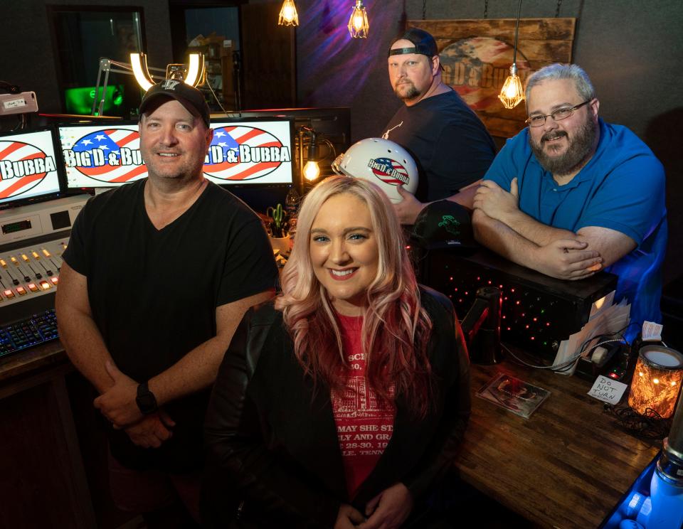 Members of the Big D and Bubba radio show Sean "Bubba" Powell, Carsen Humphreville, Derek "Big D" Haskins and Patrick Thomas pose for a portrait in their studio  Thursday, Sept. 22, 2022 in Nashville, Tenn. 