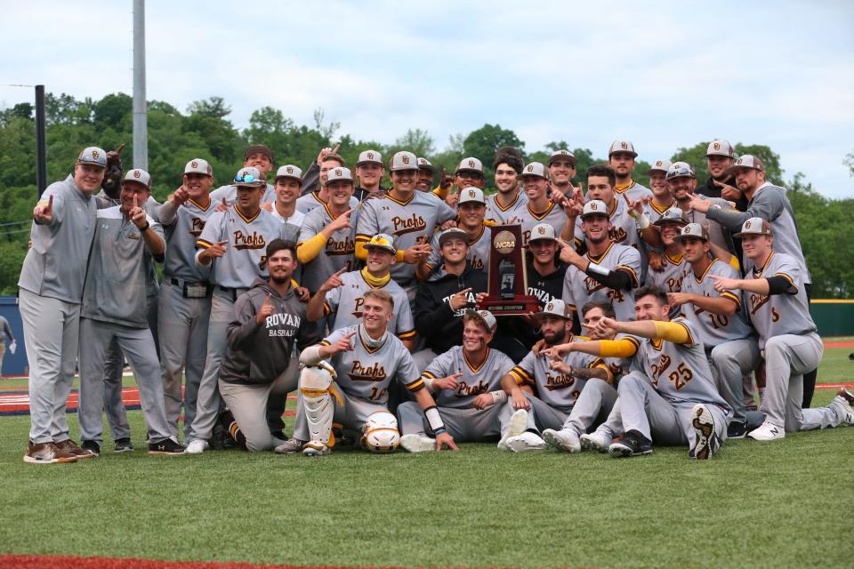 The Rowan University baseball team celebrates after winning the Marietta Regional championship Sunday and earning the program's first trip to the Division III College World Series since 2005.