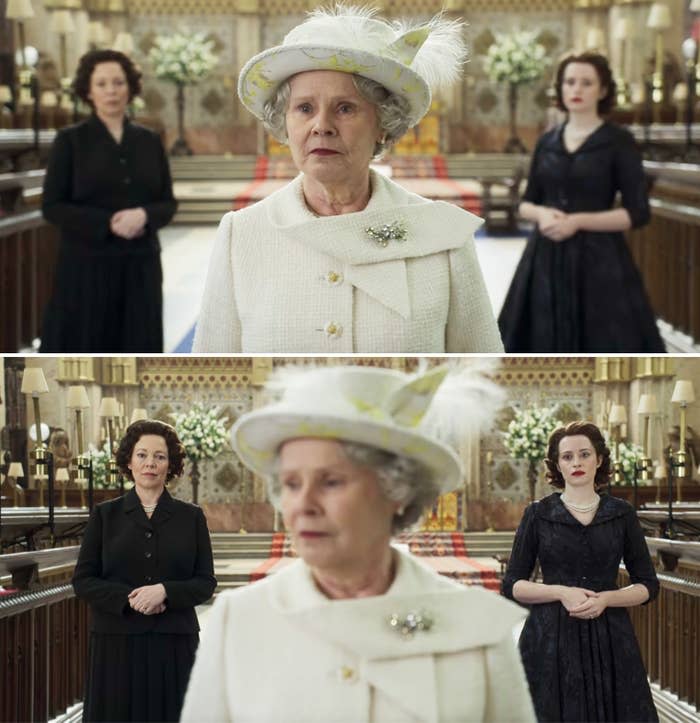 Imelda Staunton as Queen Elizabeth with Olivia and Claire's versions behind her