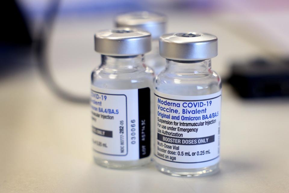 Vials of the Moderna COVID-19 vaccination booster.
