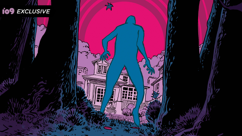 A blue figure in front of a purple-and-pink illustration of a house and a forest