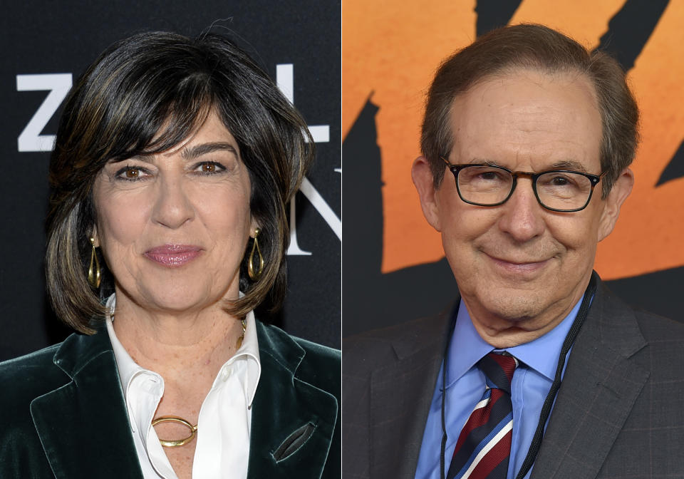 This combination of images shows Christiane Amanpour at the world premiere of "Zoolander 2"in New York on Feb. 9, 2016, left, and Chris Wallace at the premiere of "Indiana Jones and the Dial of Destiny" on June 14, 2023, in Los Angeles. CNN is making dramatic changes to its lineup, launching new weekend programs with Amanpour and Wallace. (AP Photo)