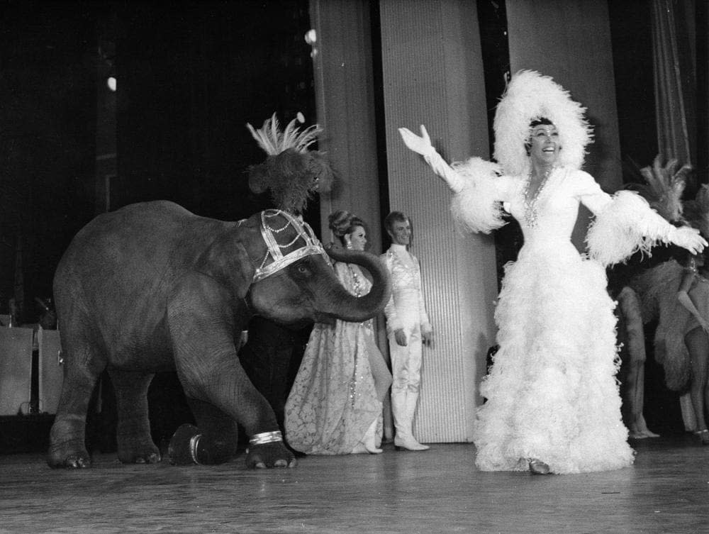 In this April 4, 1968 file photo, entertainer Josephine Baker appears with a young elephant on stage during her gala premiere at the Olympia Theatre in Paris. (AP Photo/File)