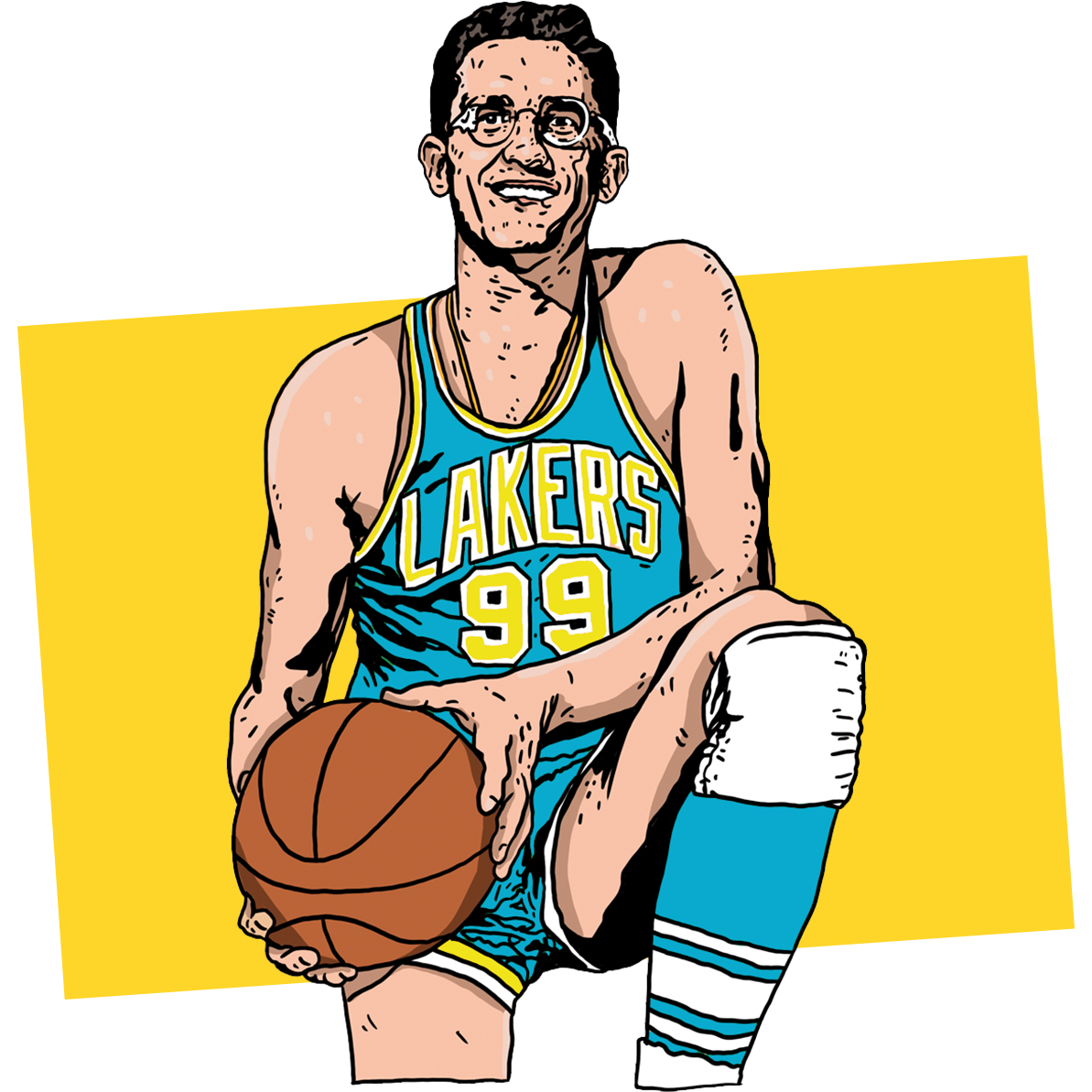 Illustration of George Mikan in a blue #99 jersey kneeling with a ball in his right hand.