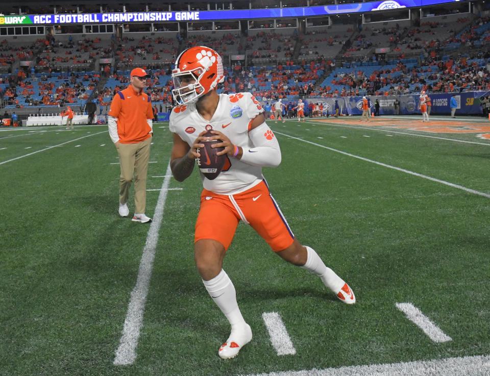 Clemson quarterback DJ Uiagalelei (5) warms up before the ACC Championship football game with North Carolina at Bank of America Stadium in Charlotte, North Carolina Saturday, Dec 3, 2022.