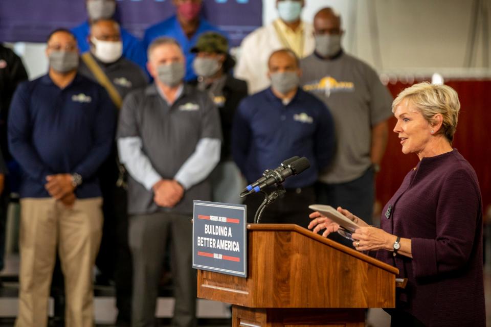 Secretary of Energy Jennifer Granholm speaks at Focus: HOPE in Detroit on Monday, May 2, 2022. Speakers discussed clean energy items relating to Michigan and the United States. 