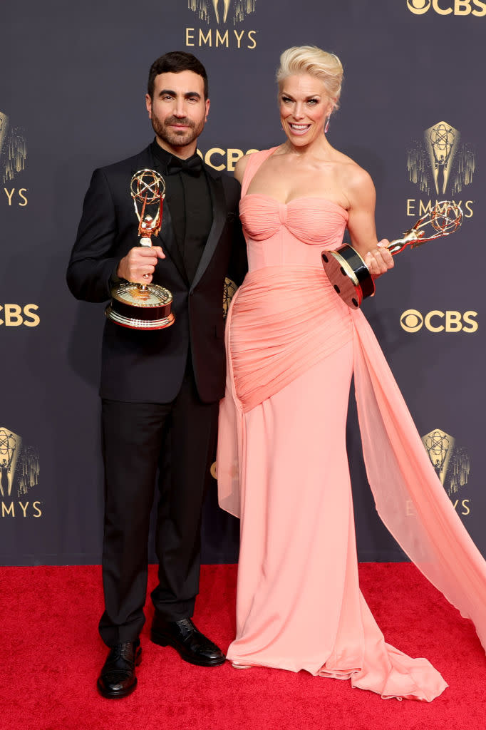 LOS ANGELES, CALIFORNIA - SEPTEMBER 19: (L-R) Brett Goldstein, winner of the Outstanding Supporting Actor in a Comedy Series award for ‘Ted Lasso,’ and Hannah Waddingham, winner of the Outstanding Supporting Actress in a Comedy Series award for ‘Ted Lasso,’ pose in the press room during the 73rd Primetime Emmy Awards at L.A. LIVE on September 19, 2021 in Los Angeles, California. (Photo by Rich Fury/Getty Images)