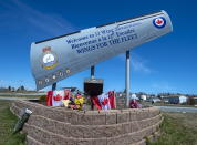 A memorial is seen at 12 Wing Shearwater in Dartmouth, N.S., home of 423 Maritime Helicopter Squadron, on Thursday, April 30, 2020. A CH-148 Cyclone helicopter flying from the Halifax-class frigate HMCS Fredericton crashed in the Ionian Sea between Italy and Greece while taking part in an exercise as part of a NATO operation in the Mediterranean. THE CANADIAN PRESS/Andrew Vaughan