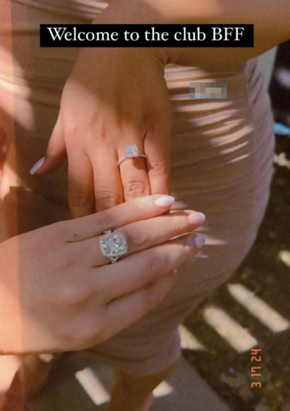 Two hands with diamond rings on ring fingers, text overlay reads "Welcome to the club BFF"