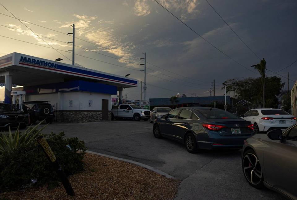 Cars line up at a Marathon gas station on NW 20th St on Sunday, April 16, 2023, in Wynwood.