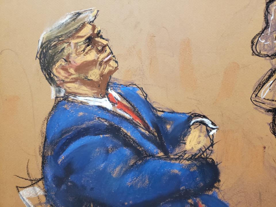 An artist's sketch of Donald Trump listening to closing arguments in his civil fraud trial in New York.