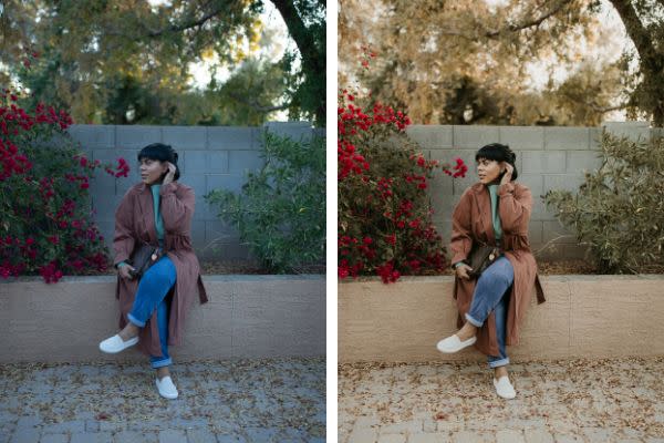 Denisse Myrick cuts down on the time it takes to edit her photos by using presets she designed specifically for people of color. Here, a before (left) and after (right) shot. (Courtesy of Denisse Myrick)