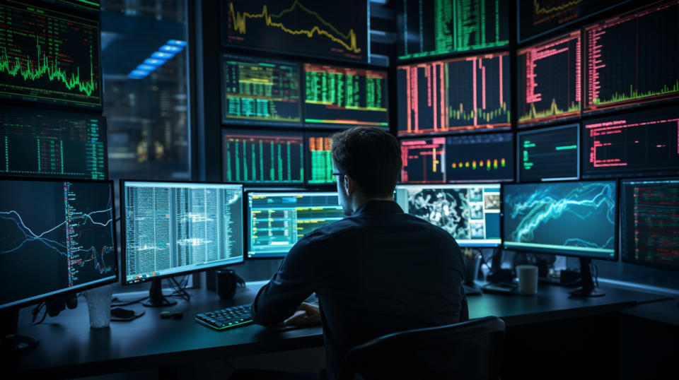 A professional trader monitoring market trends on multiple digital screens in front of them.