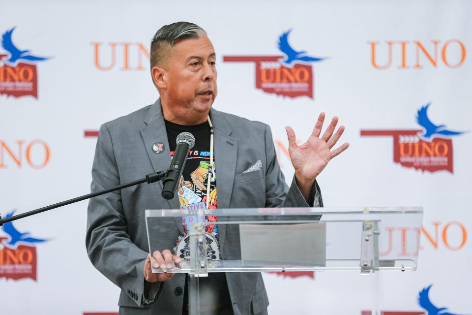 David Wilson, Rock the Native Vote coordinator, speaks at the Oklahoma City "Warrior Up to Vote" rally on Oct. 27 inside the First Americans Museum.